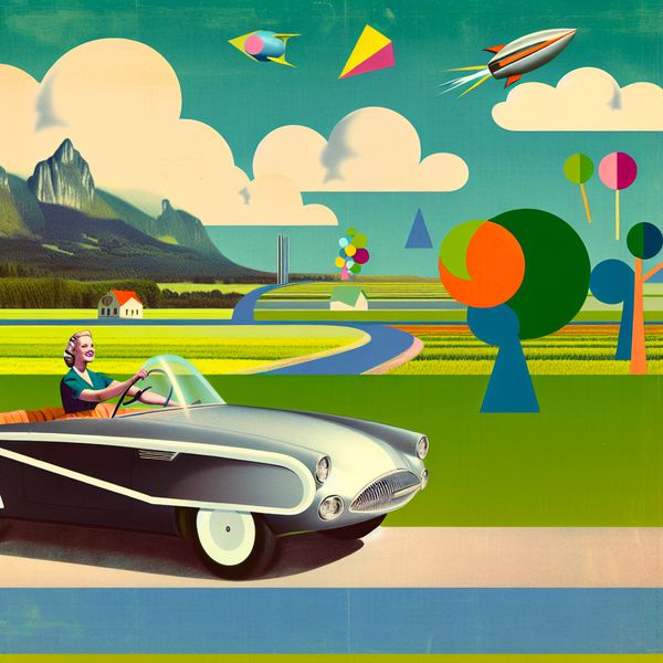 Retro-futuristische autorit door het platteland Een persoon die met een retro-futuristische auto door het platteland rijdt, omgeven door groene velden en een blauwe lucht.