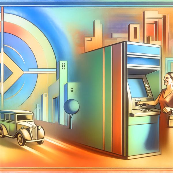 Retro-futuristische bankautomaat met glimlachende persoon Een persoon met een glimlach haalt geld uit een moderne bankautomaat in een retro-futuristische omgeving.