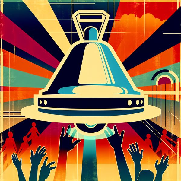 Retro-futuristische bel voor hulp en verbinding Retro-futuristische illustratie van een slanke bel in het midden, omringd door stylized figuren die naar de bel reiken, met uitdrukkingen van anticipatie.