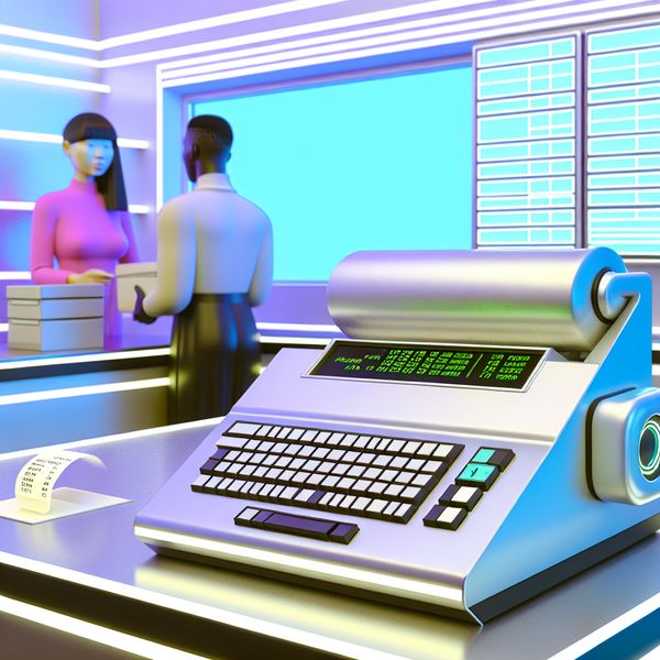 Betaalterminal met toetsenbord en scherm voor gegevensinvoer en betalingen Retro-futuristische betaalterminal met scherm en toetsenbord in een minimalistische winkel, waar een caissière gegevens invoert tijdens een transactie