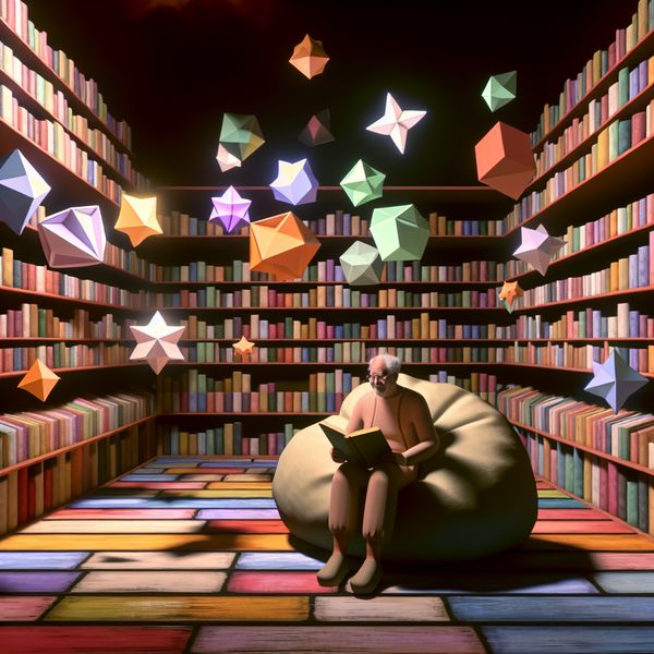 Retro-futuristische bibliotheek vol geleefde boeken Een nieuwsgierige oude man leest een kleurrijk boek in een retro-futuristische bibliotheek vol geometrische boeken en zwevende pastelvormen.