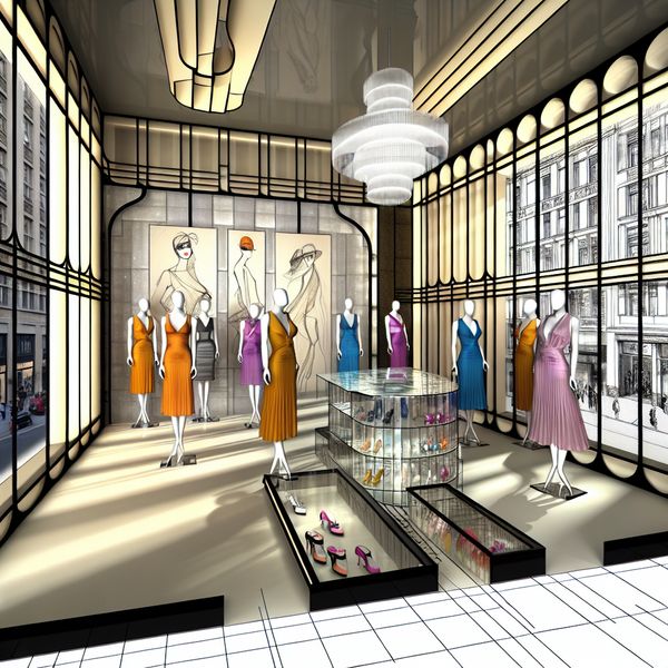 Retro-futuristische boetiek van een modehuis Een moderne, retro-futuristische boetiek van een beroemde modehuis met stijlvolle kleding op mannequins.