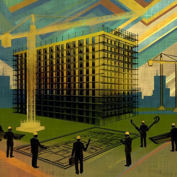 Retro-futuristische bouwplaats illustratie voor vooruitgang en ontwikkeling Retro-futuristische illustratie van een bouwplaats met een modern gebouw in aanbouw, kranen, arbeiders en blauweprints, onder een heldere lucht.