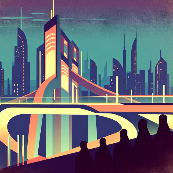 Moderne brug als symbool van bewondering en trots in retro-futuristische stad Retro-futuristische illustratie van een geometrische brug bij schemering, omringd door bewonderende silhouetten, symboliserend trots en innovatie in moderne architectuur