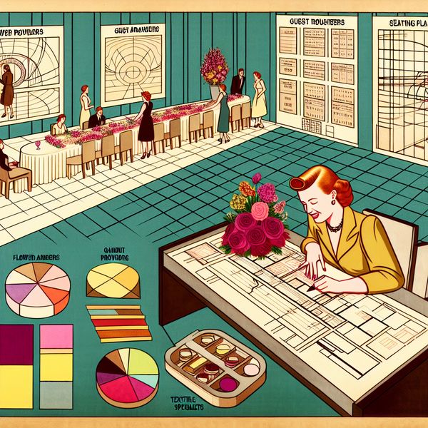 Bruiloftsplanning en organisatie: retro-futuristische voorbereiding van een evenement Gedetailleerde retro-futuristische illustratie van een bruiloftsplanningsscène met een georganiseerde tafel vol blauwdrukken, schema's en kleurstalen, waarbij een vrouw coördineert met leveranciers
