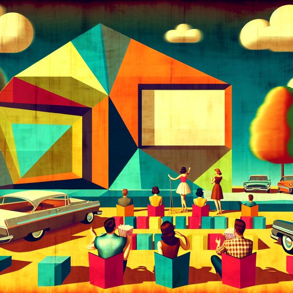 Een retro-futuristische afbeelding van een weekend scene met een buitenbioscoop, mensen met popcorn en kleurrijke stoelen.