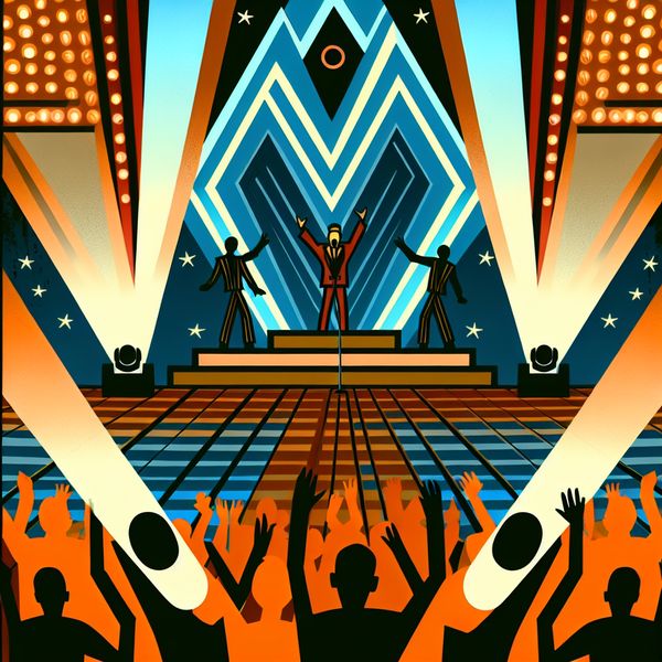 Vibrante concertvoorstelling in retro-futuristische stijl - live optreden en publiek Retro-futuristische illustratie van een levendige concertvoorstelling met een charismatische zanger op het podium en een enthousiast publiek met opgeheven handen