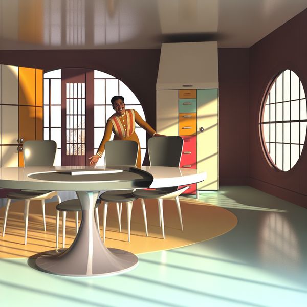 Retro-futuristische eetkamer illustratie Illustratie van een retro-futuristische eetkamer met een draaiende stoel en een persoon die vrolijk in gesprek is.