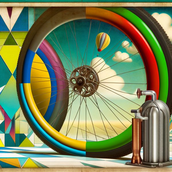 Retro-futuristische scène van een fietsbuitenband die wordt opgepompt Een retro-futuristisch beeld van een kleurrijke fietsbuitenband die wordt opgepompt, met een luchtpomp aan de band bevestigd.