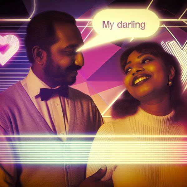 Liefde en genegenheid in retro-futuristische stijl Retro-futuristische afbeelding van een liefdevol koppel in een intieme setting met geometrische vormen, die elkaar genegenheid tonen.