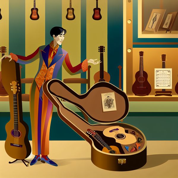 Retro-futuristische Gitaar Koffer en Muziekstudio Een gitarist bij een geometrisch gitaarhoes gevuld met muziekinstrumenten