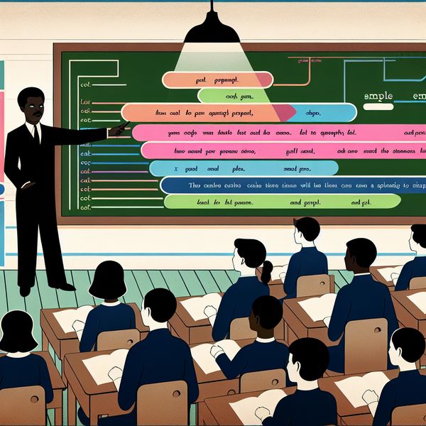 Visuele uitleg grammatica in retro-futuristische klas - Taallessen Nederlands Retro-futuristische klaslokaalillustratie met een docent die een grammaticaregel uitlegt aan geïnteresseerde studenten met behulp van een duidelijk diagram en voorbeeldzinnen