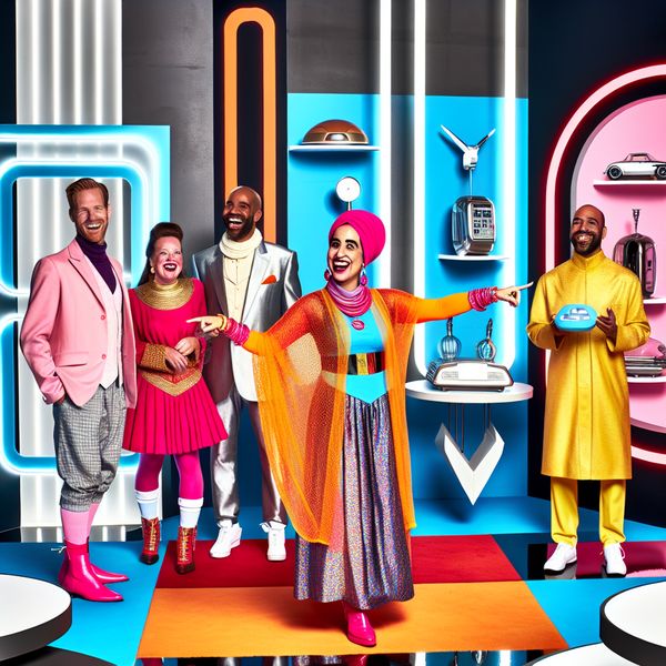 Vibrante retro-futuristische scène van willekeurige keuzes Een diverse groep mensen in kleurrijke outfits staat in een retro-futuristische omgeving en wijst naar futuristische voorwerpen.