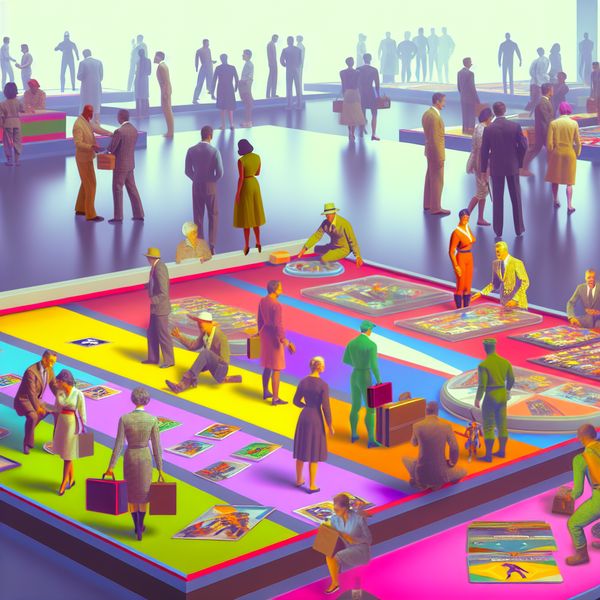 Retro-Futuristische Handelsbeurs met Verzamelaars Een levendige retro-futuristische handelsbeurs met verzamelaars die kleurrijke verzamelobjecten zoals actiefiguren, vintage speelgoed en zeldzame kaarten tonen.
