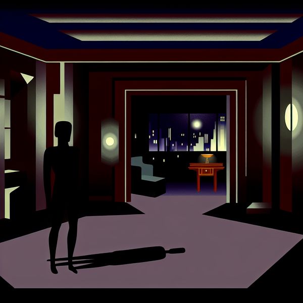 Retro-futuristische kamer met een gevoel van ongemak en duisternis Silhouet van een persoon in een retro-futuristische kamer met geometrische vormen en minimale verlichting.