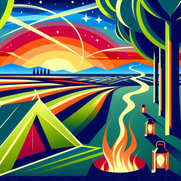 Retro-futuristische camping illustratie in de Ardennen Een retro-futuristische illustratie van een kleurrijke tent op een camping in de Ardennen met een sterry hemel en een kampvuur.