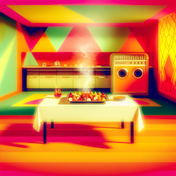 Kleurrijke Retro-Futuristische Keuken met Maaltijd Een retro-futuristische keuken met een mooi gepresenteerde maaltijd op tafel, omringd door kleurrijke groenten en perfect gekookt eiwit, met stoom die omhoog komt.