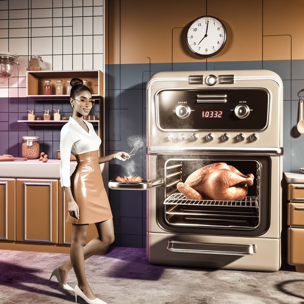 Een professionele chef leveert een perfect gebraden kip in een retro-futuristische keuken met een grote vintage oven.