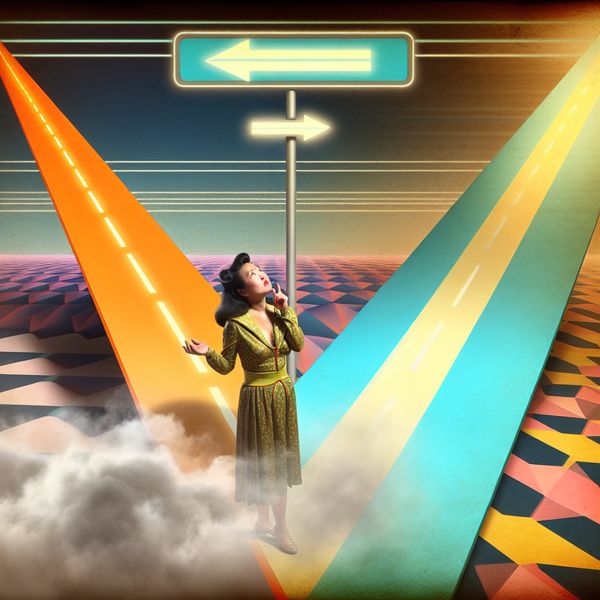 Retro-futuristische afbeelding van keuzes en onzekerheid Een retro-futuristische afbeelding van een persoon bij een kruispunt met twee paden, één bedekt met mist en de ander verlicht door zonlicht, symboliserend een keuze tussen onzekerheid en duidelijkheid.