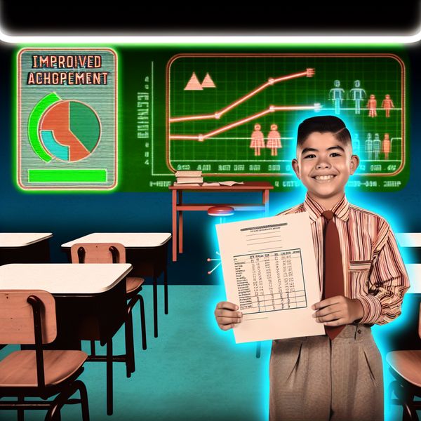 Retro-futuristische Klas met Verbeterde Cijfers Een opgewonden student in een retro-futuristisch klaslokaal houdt een verbeterde toets omhoog, omgeven door geometrische vormen en een kleurrijk schoolbord.
