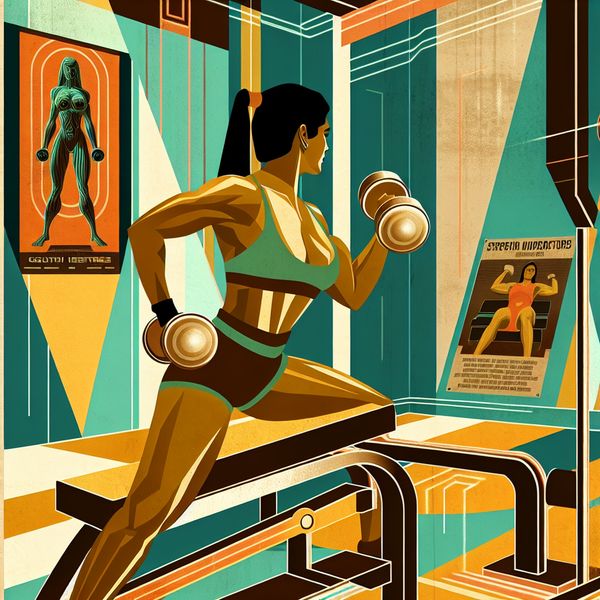 Krachttraining in retro-futuristische stijl: sporten met dumbbells voor spieropbouw Retro-futuristische illustratie van een gespierde persoon die zware dumbbells heft in een stijlvolle jaren 50 fitnessruimte met geometrische verlichting en motiverende posters