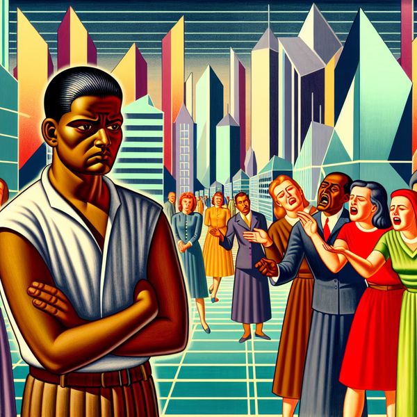 Retro-futuristische afbeelding van kritiek en aarzeling Een persoon staat alleen in een retro-futuristische stedelijke omgeving, met een frons op hun gezicht, terwijl een groep mensen boos naar hen gebaart.