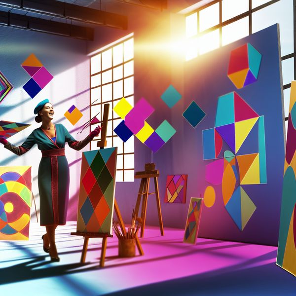 Retro-futuristische kunstenaar in studio met kleurrijke doeken Een vrolijke kunstenaar aan het schilderen in een retro-futuristische studio, omringd door kleurrijke doeken.
