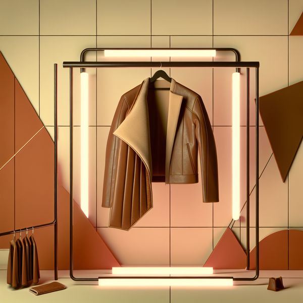 Retro-futuristische leren jas met zichtbare lagen en accessoires Retro-futuristisch beeld van een stijlvolle leren jas met zichtbare lagen, waaronder de zachte binnenvoering, hangend aan een minimalistische kapstok