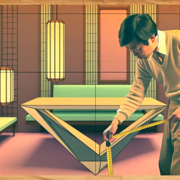 Een retro-futuristisch tafereel van een man die de lengte van een tafel meet met een meetsnoer.