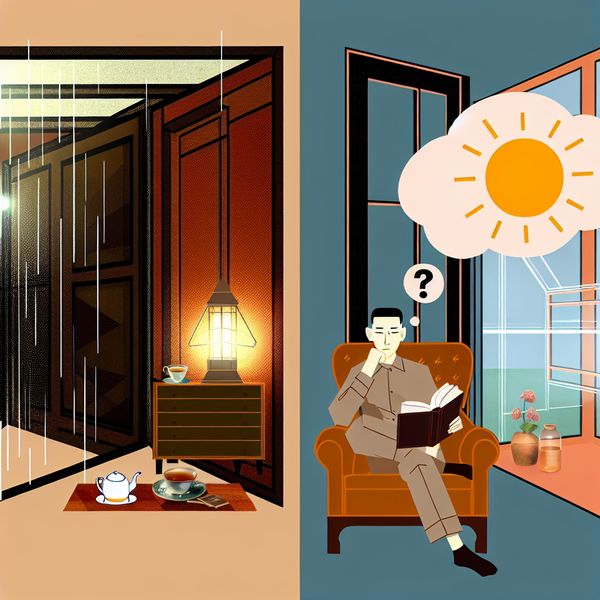 Illustratie hypothese en mogelijkheid leren Nederlands - retro-futuristische stijl Retro-futuristische illustratie van een persoon die een boek leest bij regen, met een gedachtebel waarin een zonnig alternatief met een vraagteken wordt getoond als symbool voor een mogelijkheid of hypothese
