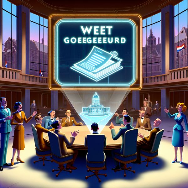 Retro-futuristische goedkeuring van wet door het Nederlandse parlement Diverse politici in retro-futuristische setting bespreken de goedkeuring van een wet met een zwevend document en een groot scherm.