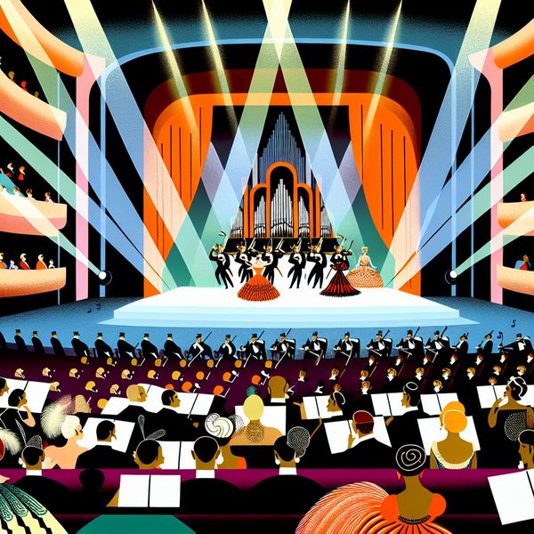 Een levendige retro-futuristische opera met een publiek in vintage kleding, klaar voor een muzikale voorstelling.