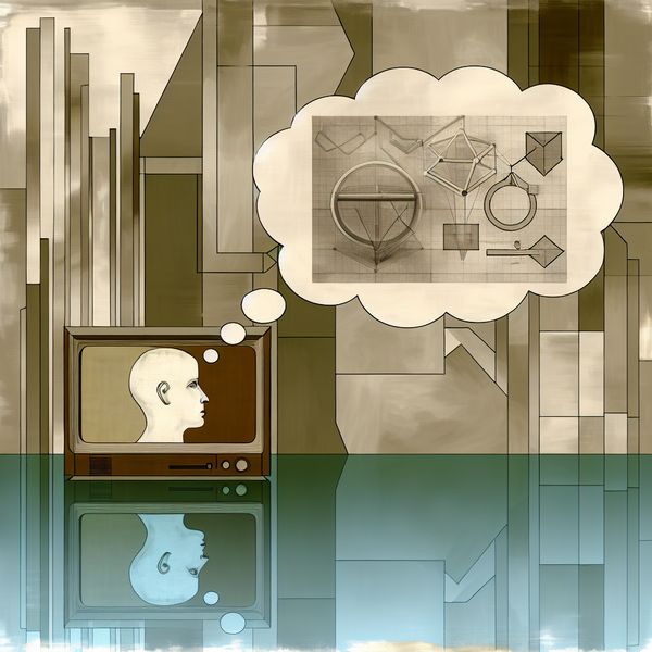 Retro-futuristische afbeelding van overeenstemming in gegevens en resultaten Een modern retro-futuristic landschap met een groot digitaal scherm vol grafieken en diagrammen, met daarboven een denkballon van een peinzende persoon, en geometrisch gevormde gebouwen op de achtergrond die pastelkleuren reflecteren.