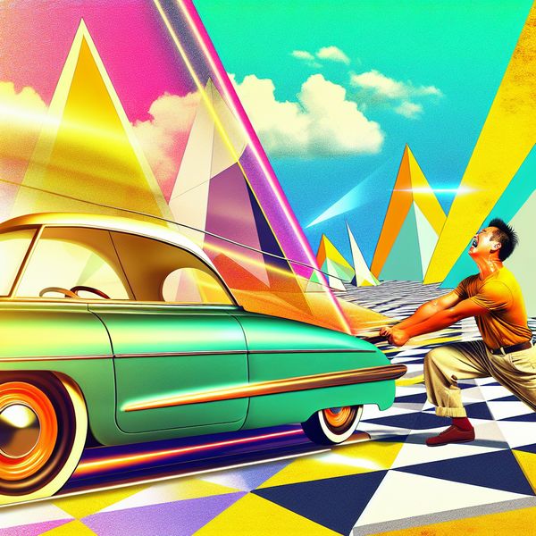 Een persoon duwt energiek een vintage auto op een geometrische straat, omgeven door abstracte vormen en nostalgische elementen.
