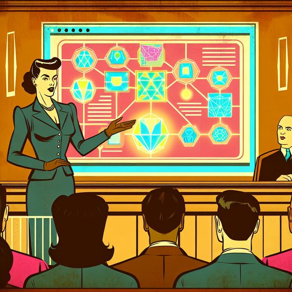 Retro-futuristische rechtszaal presentatie van bewijs Een retro-futuristisch rechtszaalscène met een zelfverzekerde advocaat die een groot bewijsbord presenteert, omringd door geïnteresseerde jurymembers en een judge.