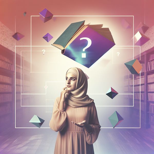 Retro-futuristische scène over onzekerheid in een vintage bibliotheek Een persoon staat in een vintage bibliotheek en kijkt nadenkend naar een zwevend boek dat schittert met mogelijkheden, omlijst door geometrische vormen en vraagtekens.