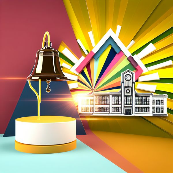 Retro-futuristische Schoolbel Illustratie Illustratie van een retro-futuristische schoolbel op een geometrisch voetstuk, omringd door kleurrijke vormen.