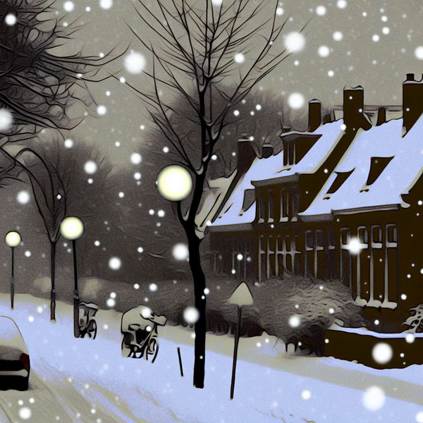 Sneeuwval in winterse straat: rustige weersomstandigheden met zachte sneeuwvlokken Stille sneeuwval in een retro-futuristische winterstraat met bedekte daken, bomen en fietsen onder zachte straatverlichting