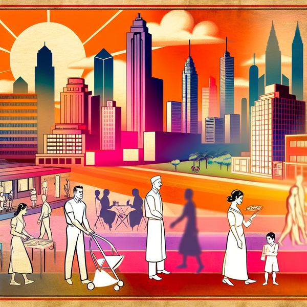 Retro-futuristische stadsgezicht dat groei en vooruitgang symboliseert Retro-futuristic city skyline showcasing growth with diverse people engaging in activities.