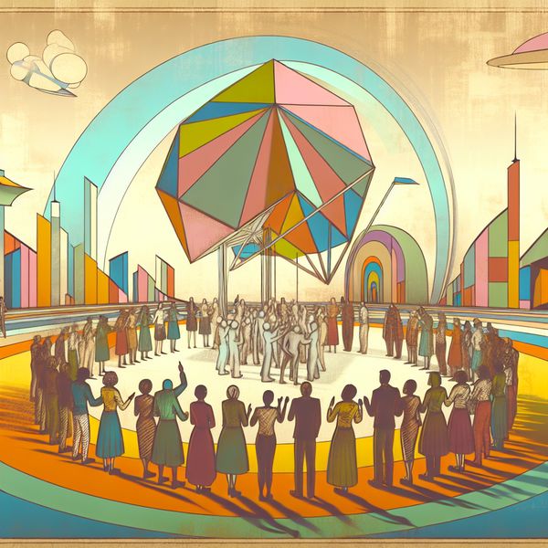 Retro-futuristisch beeld van een samenwerking voor kinderen in nood Een groep enthousiaste mensen verzameld rond een abstracte structuur die een nieuwe stichting voor kinderen in nood vertegenwoordigt.