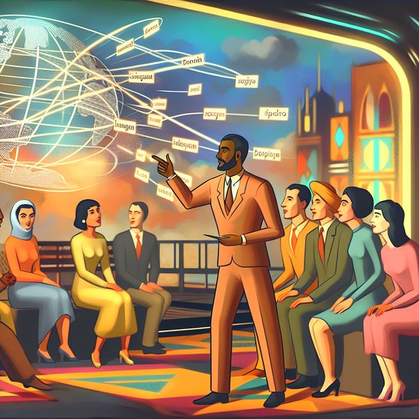 Een diverse groep mensen in een retro-futuristische omgeving, die met elkaar in gesprek zijn en wijzen naar een holografische kaart van talen.
