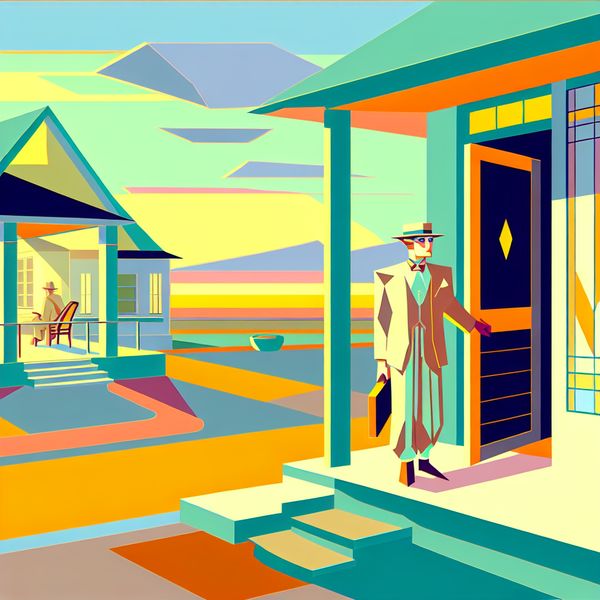 Retro-futuristische terugkeer naar een modern huis Een retro-futuristische afbeelding van een personage dat terugkeert naar een modern huis met geometrische vormen.