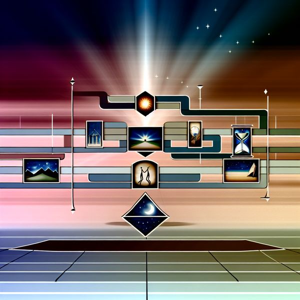 Retro-futuristische afbeelding van tijd en gebeurtenissen Retro-futuristische afbeelding van tijd met geometrische vormen die gebeurtenissen symboliseren, verbonden door lijnen.