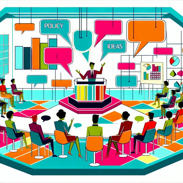 Retro-futuristische vergaderruimte voor ideeënuitwisseling Een retro-futuristische vergaderruimte met diverse mensen die levendig discussiëren, met een sprekende figuur op een podium en geometrische tekstballonnen.