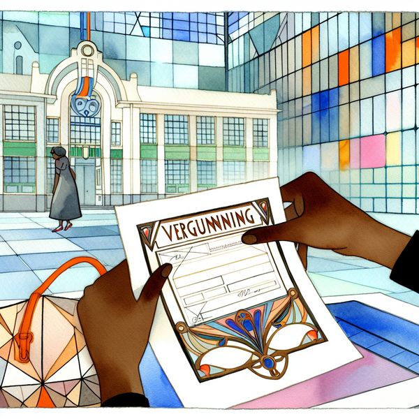 Jongere met een kleurrijke vergunning in een retro-futuristische setting, waaruit een geometrische tas komt in de achtergrond van een gemeentelijk gebouw.