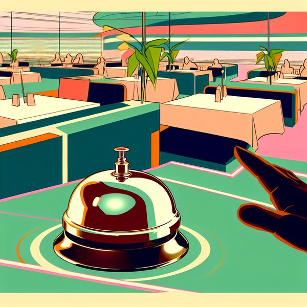 Retro-futuristische Vintage Bel Illustratie in Restaurantsetting Een retro-futuristische illustratie van een vintage bel op een restauranttafel, met een hand die deze aanraakt.