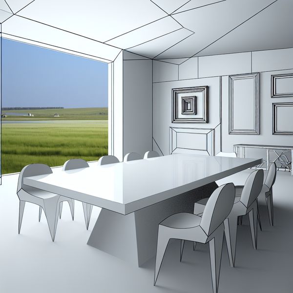 Retro-futuristische illustratie van een vlakke tafel in minimalistische ruimte Een retro-futuristische illustratie van een vlakke witte tafel in een minimalistische kamer met geometrische stoelen en een panoramisch uitzicht op een groene veld onder een blauwe lucht.