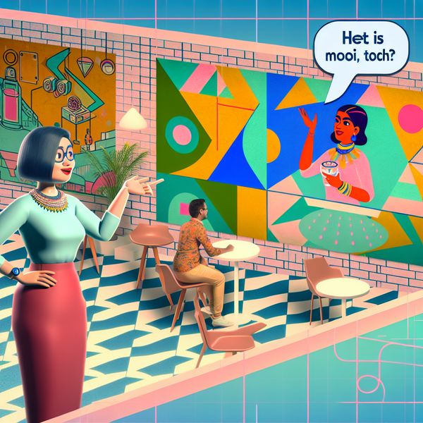 Gesprek tussen vrienden in modern retro-futuristisch café met opvulwoord Twee vrienden in een retro-futuristisch café bespreken een kleurrijke muurschildering met de tekst 'Het is mooi, toch?'