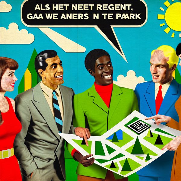 Retro-futuristische vrienden plannen activiteiten in het park Groep diverse vrienden die onder een heldere zon een futuristische kaart bestuderen in een park.