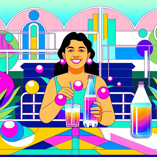 Retro-futuristische afbeelding van een vrouw met frisdrank en water Jonge vrouw die vrolijk een grote fles frisdrank vasthoudt, met kleurrijke bubbels, zittend aan een tafel in een retro-futuristisch café met geometrische vormen.